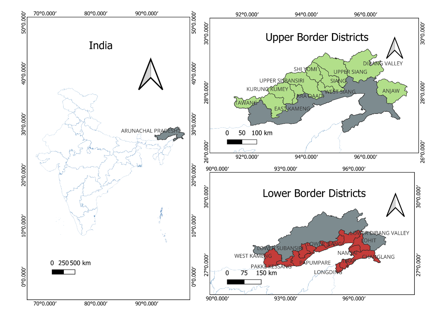 Three-panel map of Arunachal Pradesh separating upper and lower border districts with a national locator panel.