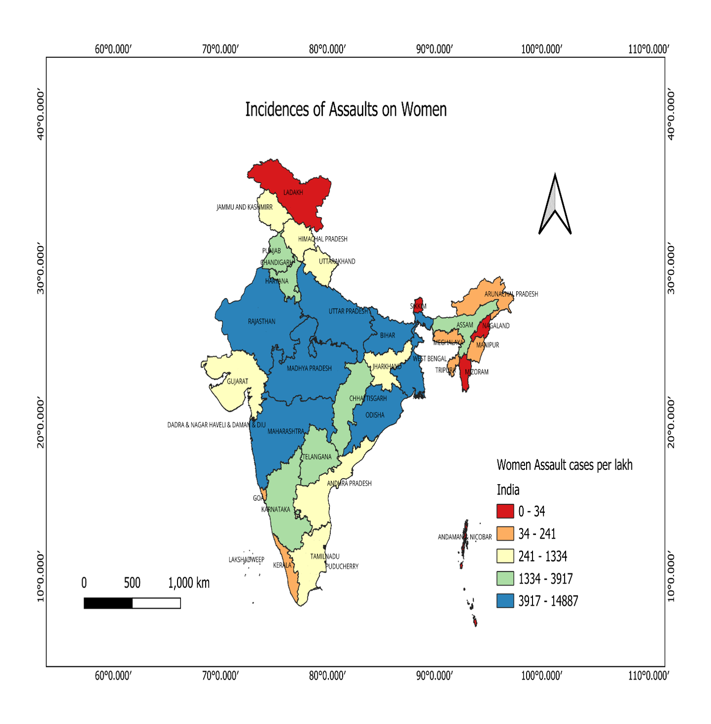 Five-class choropleth map of assault cases against women per lakh population across Indian states.