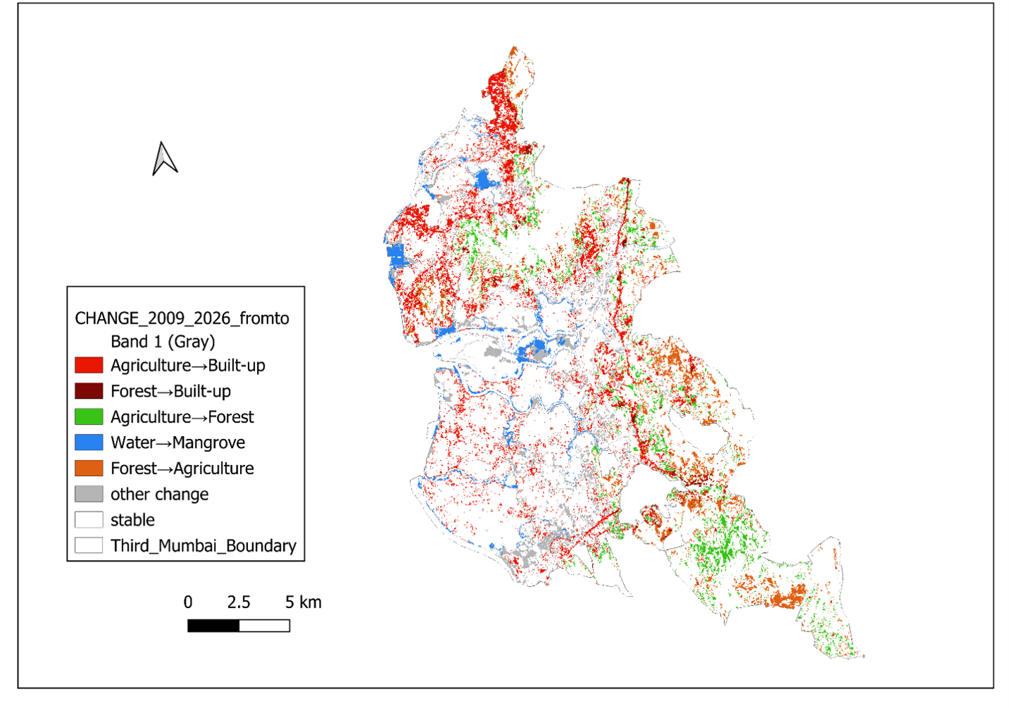 Decadal land-use change map of the Third Mumbai / Karnala-Sai-Chirner New Town, 2009 to 2026, showing agriculture-to-built-up conversion, forest loss, and stable mangrove cover.