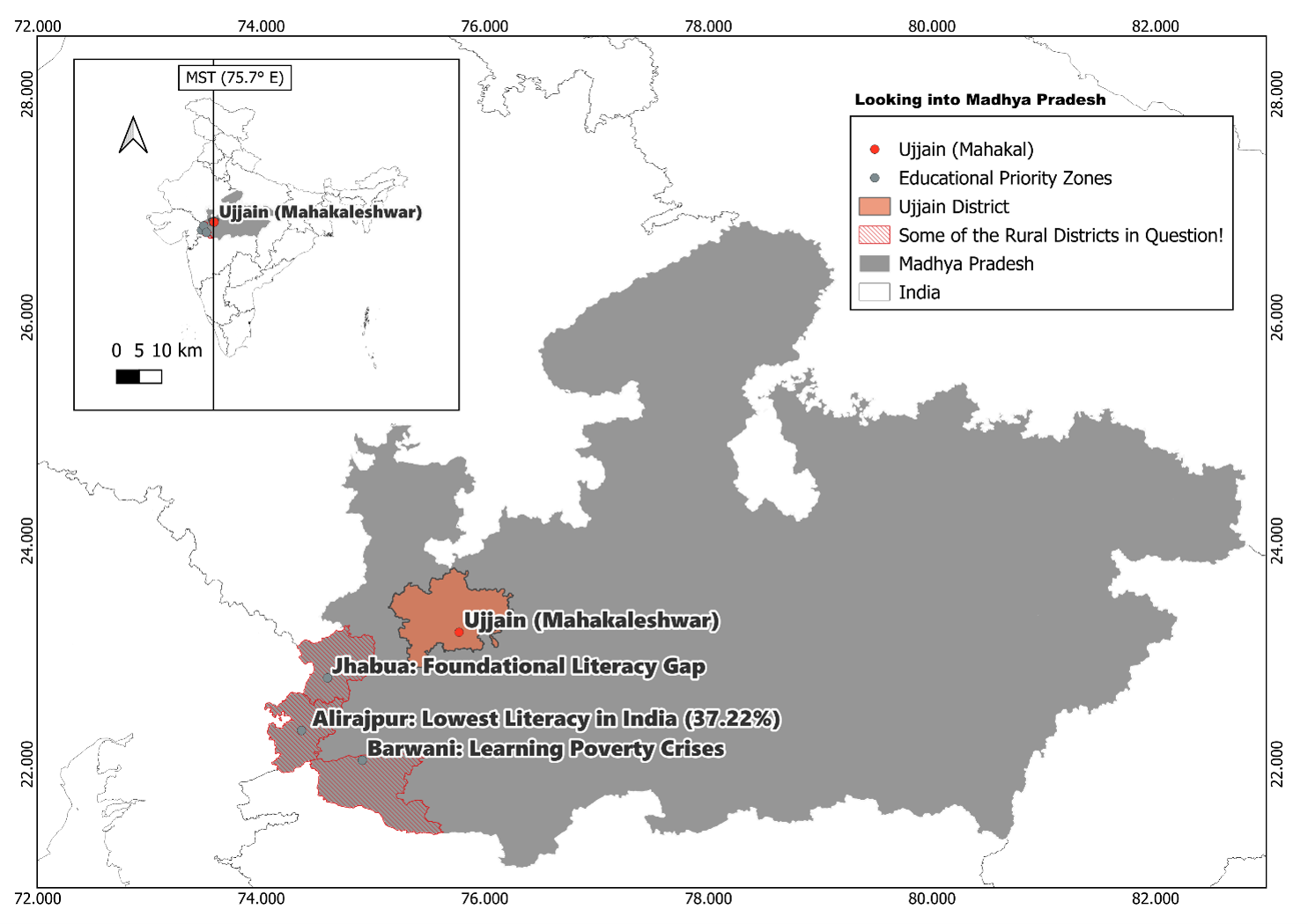 Choropleth map of educational priority zones in Madhya Pradesh, highlighting Alirajpur, Jhabua and Barwani districts with an inset locator panel.