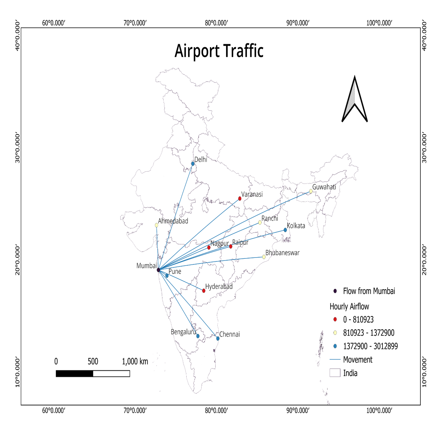 Flow map of hourly airport traffic from Mumbai to major Indian cities using directional lines and graduated point symbols.