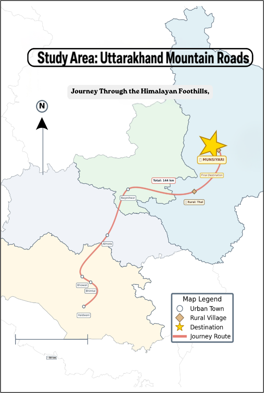 Route map of the 144 kilometre fieldwork journey from Haldwani through Almora and Bageshwar to Munsiyari in the Kumaon Himalayas.