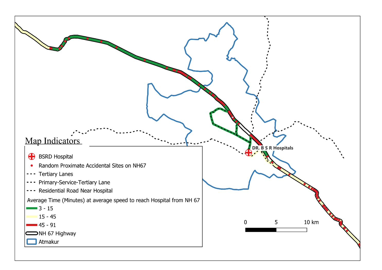 Network analysis map of NH67 near Atmakur showing graduated travel-time bands from accident sites to the nearest hospital.